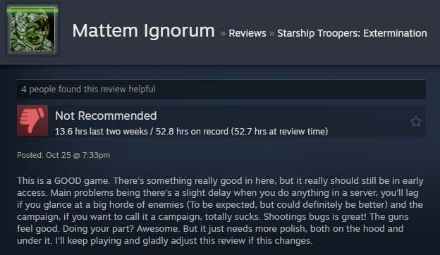 Image of an article titled Starship Troopers: Extinction from a Steam review